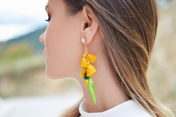 yellow handmade earrings with pineapple and green detail